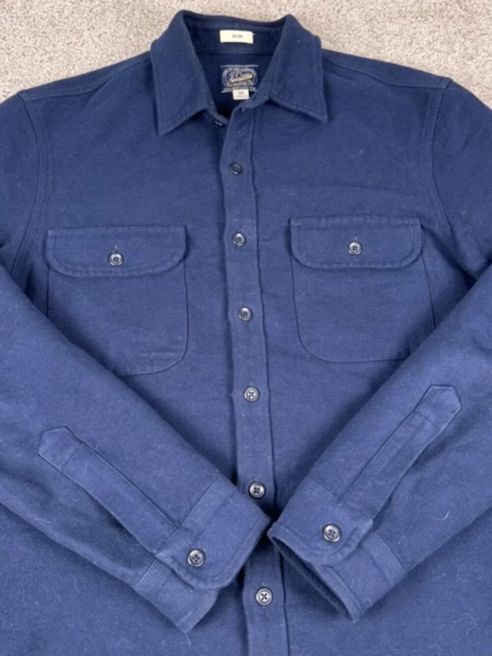 J. Crew Heavyweight Chamois Work Shirt Men Navy Blue Double Pocket Flannel Slim